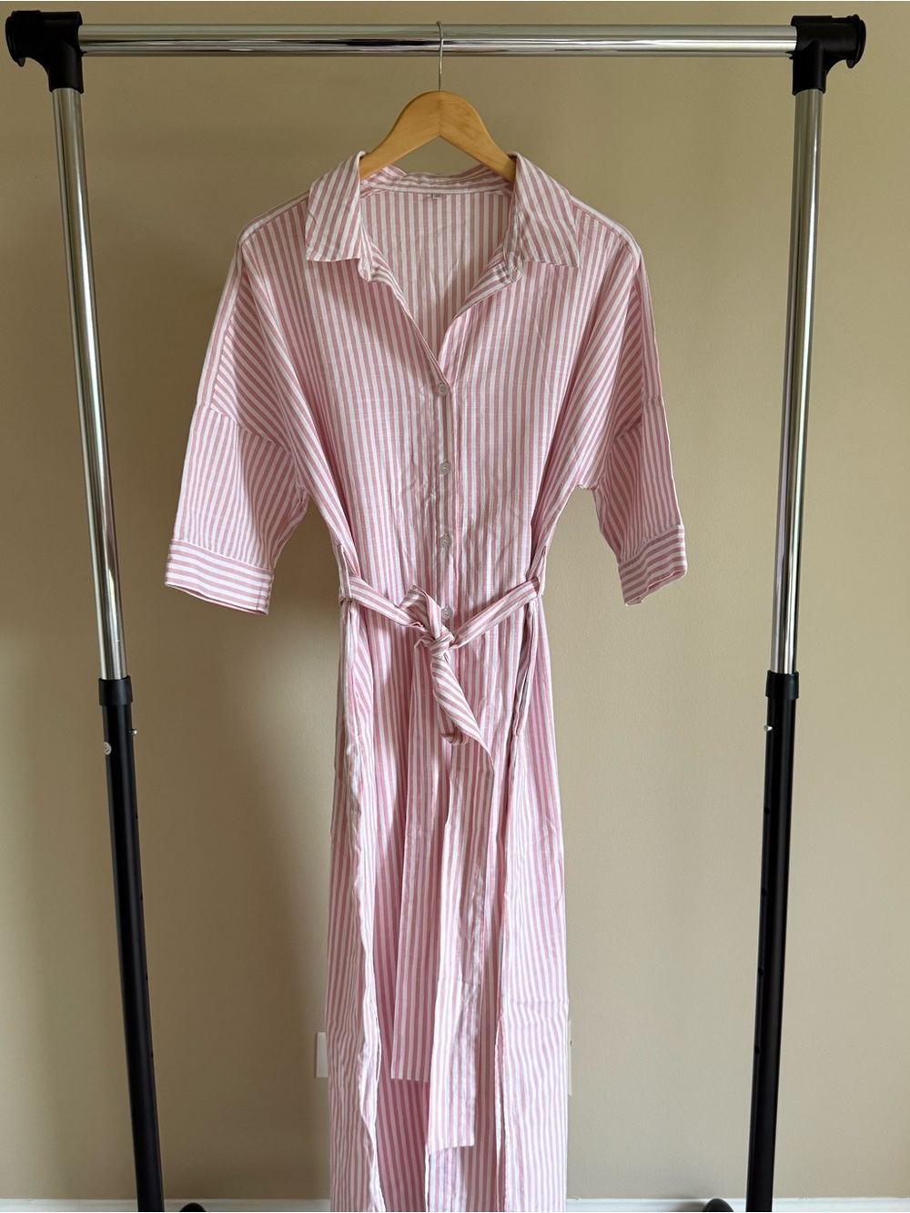 Striped Pink & White Maxi Shirt Dress with Tie Waist